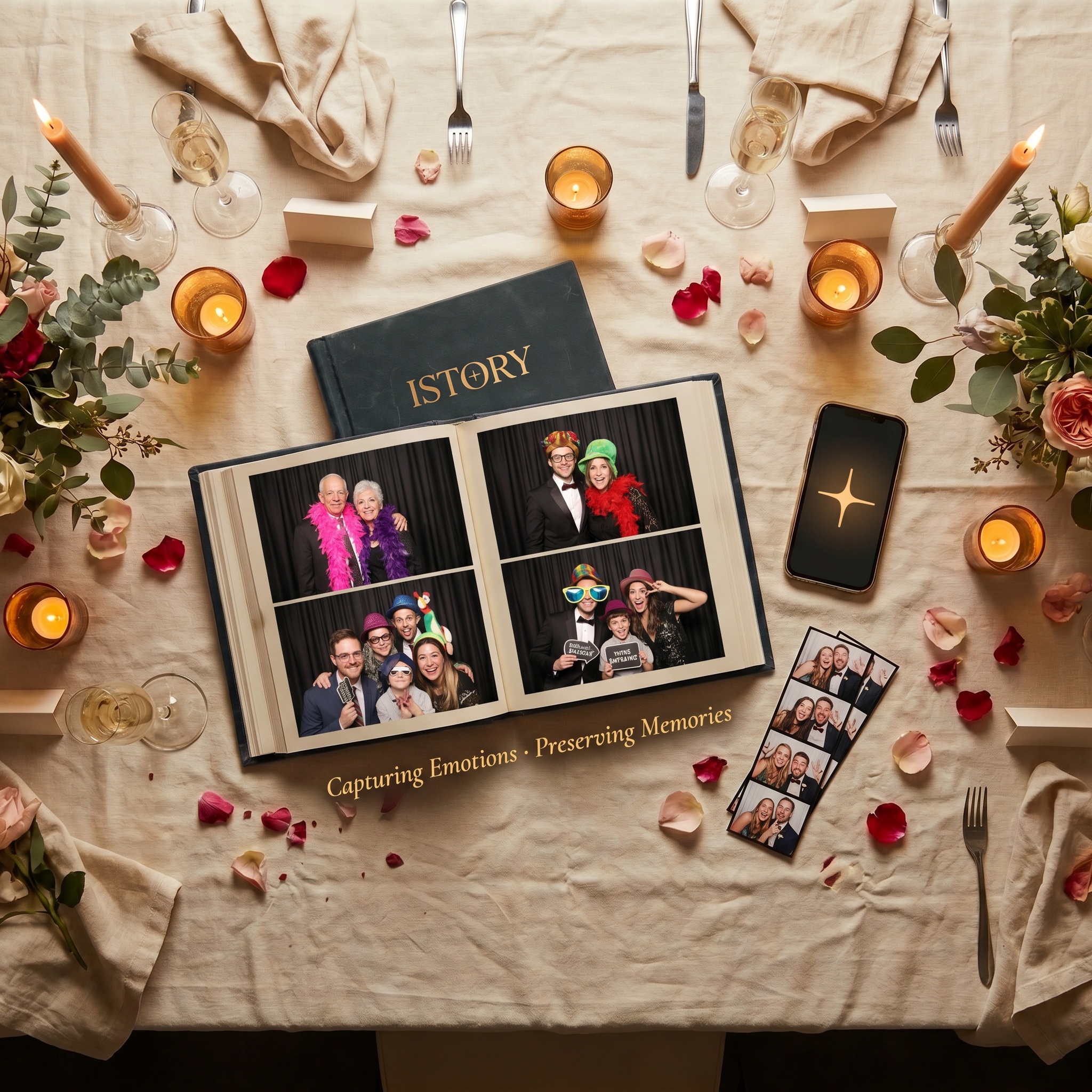 Mesa de boda con álbum fotográfico ISTORY y tira de photobooth